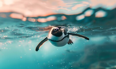 penguin swimming underwater during the daytime in a bright turquise sea, Generative AI