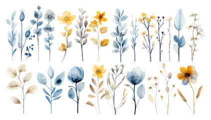 Set of floral branch elements. Watercolor flowers and green leaves. Wedding with floral poster, invite. Vector arrangements for greeting card or wedding invitation design vector illustration