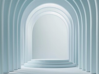 Naklejka premium Light blue serene archway design with a central pedestal for showcasing items.