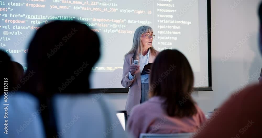Poster Female teacher, coding and screen in class for education with html, teaching with technology for web development. Woman, lecture and tablet for projection to class, introduction or programming