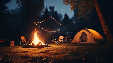 A backyard camping adventure for a birthday celebration, with tents, campfires, and storytelling under the starry night sky.