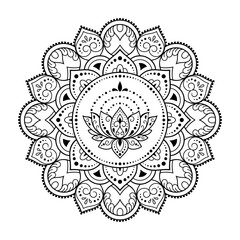 Circular pattern in form of mandala with Lotus flower for Henna, Mehndi, tattoo, decoration. Decorative ornament in ethnic oriental style. Outline doodle hand draw vector illustration.