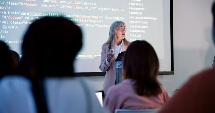 Female teacher, coding and screen in class for education with html, teaching with technology for web development. Woman, lecture and tablet for projection to class, introduction or programming