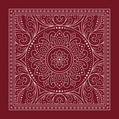 Circular pattern in form of mandala with flower for Henna, Mehndi, decoration. Red decorative ornament in ethnic oriental style for a bandana. Outline doodle hand draw vector illustration.