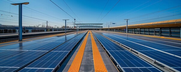 Solar panels on the roof of a modern train station