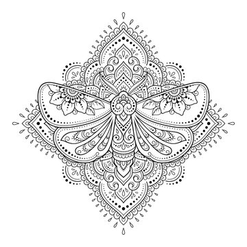 Moth decorated with Indian ethnic floral vintage pattern. Hand drawn decorative insect in doodle style. Stylized mehndi ornament for tattoo, print, design for room, cover, book and coloring page.