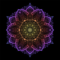 Color circular pattern in form of mandala with flower for decoration or print. Decorative ornament in ethnic oriental style. Rainbow design on black background.
