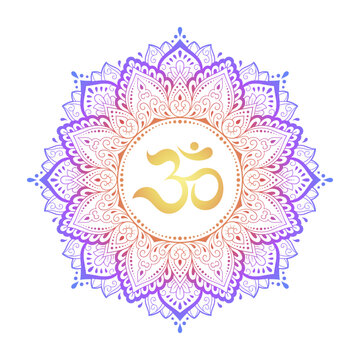 recommend clip art: Color Circular pattern in form of mandala with ancient Hindu mantra OM and flower for Henna, Mehndi, decoration. Decorative ornament in oriental style. Rainbow design on white background.