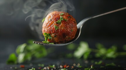 Close-up of steamy meatball on fork over dark background with parsley, Concept of delicious homemade cuisine and comfort food - obrazy, fototapety, plakaty