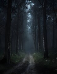 A dark gloomy forest in a moonlight night