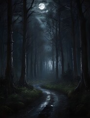 Fototapeta premium A dark gloomy forest in a moonlight night