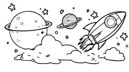 Vector image of outer space hand with rocket and planet icons