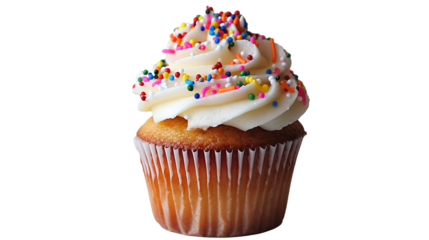 appetizing cupcake with buttercream in the shape of a horn on top and colorful sweet sprinkles, cut out background