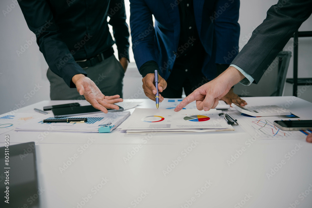 Poster three men are sitting at a table with a white background