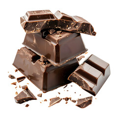 Chocolate Bar and Chocolate Pieces, Split into Three, Isolated on Transparent Background, PNG File.