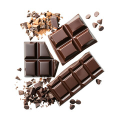 Chocolate Bar and Chocolate Pieces, Split into Three, Isolated on Transparent Background, PNG File.