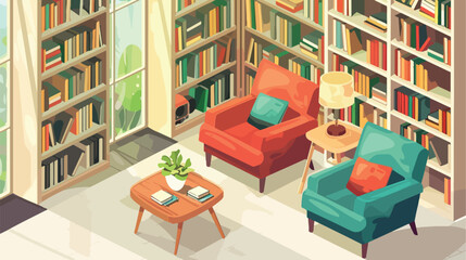 Interior home library in isometric view room for read