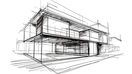 Hand-drawn sketch of a contemporary house design with clean lines and geometric shapes