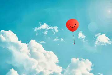 Cheerful red balloon with smiley face in sunny sky