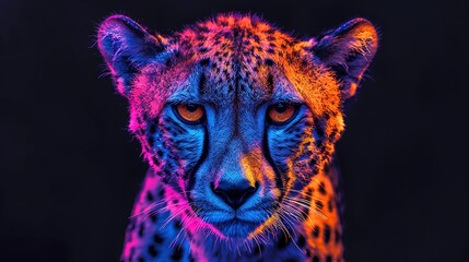 A beautiful and colorful image of a cheetah. The cheetah is staring at the camera with its piercing yellow eyes. Its fur is a vibrant mix of blue, purple, and pink.