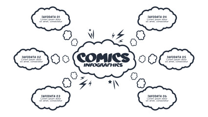 Comics infographic with 6 steps, options, parts or processes. Business data visualization. Creative infographic template