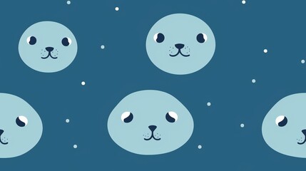 A pattern of cute cartoon seal faces on a blue background.