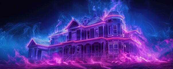 A haunted house with a glowing purple light.