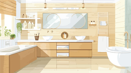 Interior of light bathroom with shelving units and mi