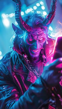 Blue devil wearing a black leather jacket with horns texting on his smartphone in a club with colorful lights in the background.