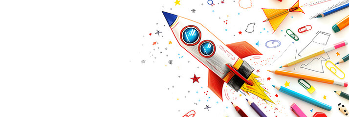 Fusée en crayons de couleur et fournitures scolaires sur fond blanc (variation)