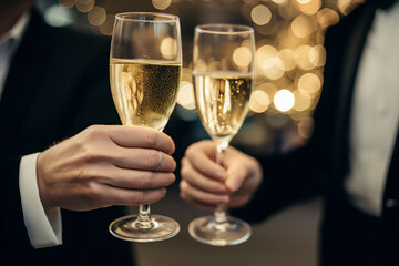 Two people celebrate with a toast, champagne glasses in hand, against a backdrop of festive lights. Joyful and elegant