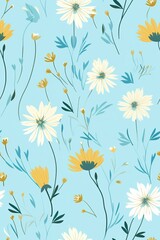 A seamless pattern of simple white and yellow flowers on a blue background.