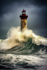a lighthouse standing resilient amidst powerful waves under a stormy sky, symbolizing nature's fury and human endurance