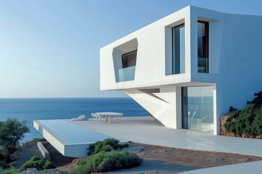 Architectural marvel: A modern house overlooking the ocean, blending futuristic design with natural elements for a serene vista