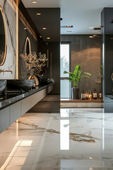 a modern, luxurious bathroom with marble flooring and natural lighting, creating a serene atmosphere