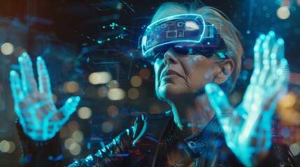 A mature woman with futuristic attire interacts with immersive virtual holographic technology around her hyper realistic 