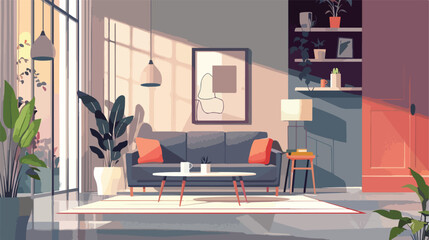 Interior of light living room with grey sofa and tabl