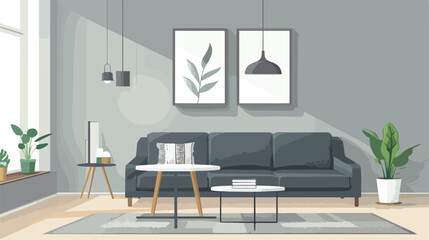 Interior of light living room with grey sofa and tabl