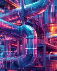The image shows a colorful industrial scene with pipes and valves.