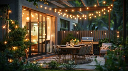 Experience the Coziness of Alfresco Dining Set on a Modern Patio Illuminated by Enchanting Fairy Lights