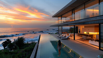 A sleek, glass-fronted beach house with a wraparound balcony, where every room opens up to panoramic views of the rolling waves.