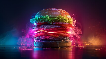 The image shows a delicious-looking burger with a variety of toppings, including lettuce, tomato,...