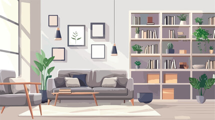 Interior of light living room with grey sofas and she