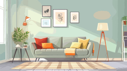Interior of light living room with plaid on grey sofa