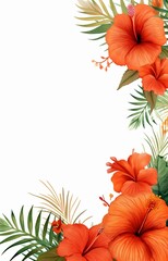 A watercolor painting of orange hibiscus flowers and green leaves on a white background.