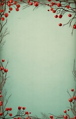A winter wonderland of red berries and snow-covered branches on a pale green background.