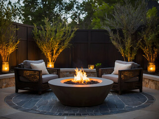 Fototapeta premium Savor the ambiance of outdoor luxury, plush chairs encircle a flickering fire pit, creating a captivating focal point in this inviting outdoor seating area.