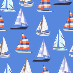 Seamless pattern of a yacht with multi-colored sails on a blue background.Vector pattern for wallpaper, textiles, summer designs.