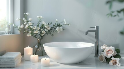 Exploring the Serenity of an Elegant White Bathroom Interior Adorned with a Modern Vessel Sink, Rose Accents, and Candlelight