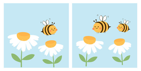 Set of daisy chamomile flower and bee cartoons isolated on blue backgrounds vector. Cute wall art decoration.
